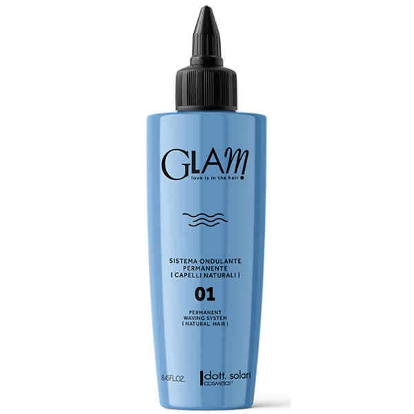 Flacone azzurro con tappo nero di Glam 01 per capelli naturali, riportante le scritte Sistema ondulante permanente e il brand dott. solari.