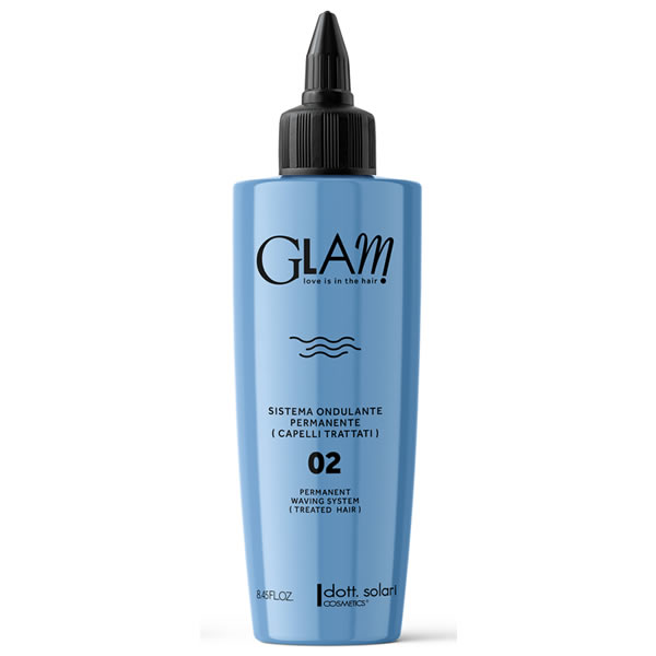 Flacone azzurro di Glam sistema ondulante permanente 02 per capelli trattati da 250 ml con tappo erogatore nero.