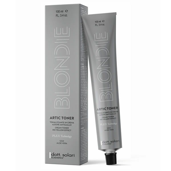 Tubo e astuccio grigi Dott. Solari Artic Toner Blondie con formula Plex Technology, Goji e Aloe Vera per contrastare i toni gialli.