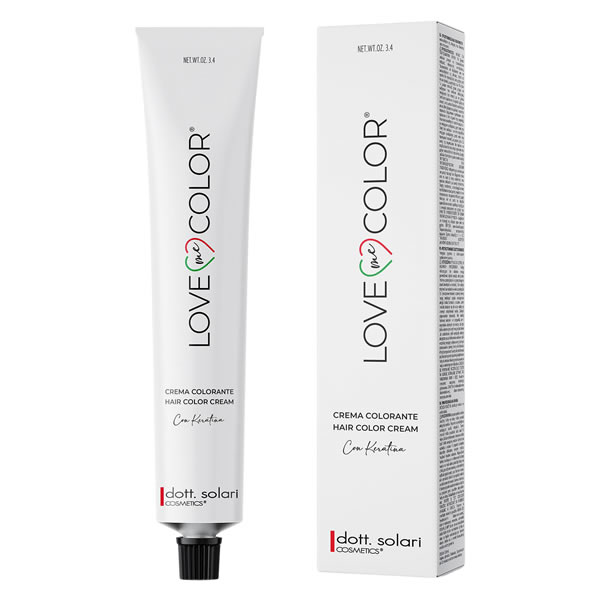 Tubo e scatola della crema colorante professionale Dott. Solari Love Me Color con cheratina su sfondo bianco.
