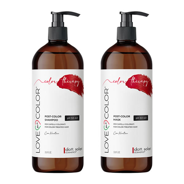 Due flaconi marroni di Dott. Solari Love Me Color Therapy, uno shampoo e una maschera post-colore per capelli colorati.