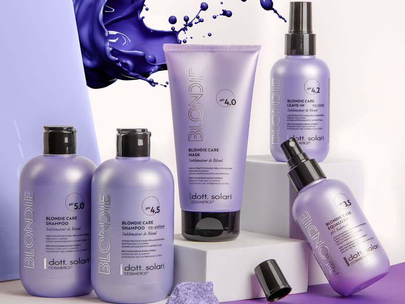 Prodotti professionali per capelli biondi Dott. Solari: shampoo, maschera, leave-in, equalizer. Cura e bellezza per capelli sublimi.