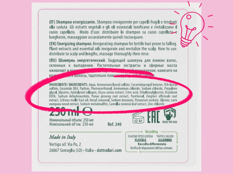 Etichetta di uno shampoo energizzante con un cerchio rosa che evidenzia la lista degli ingredienti INCI.