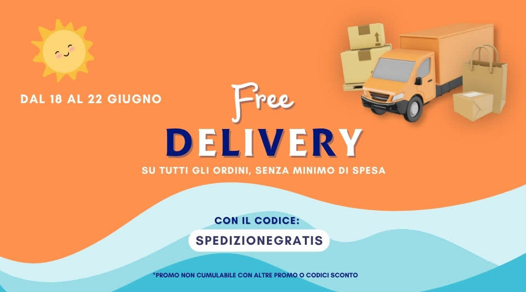 Grafica promozionale con un furgone arancione, pacchi e un sole sorridente che annuncia spedizione gratuita con il codice SPEDIZIONEGRATIS.