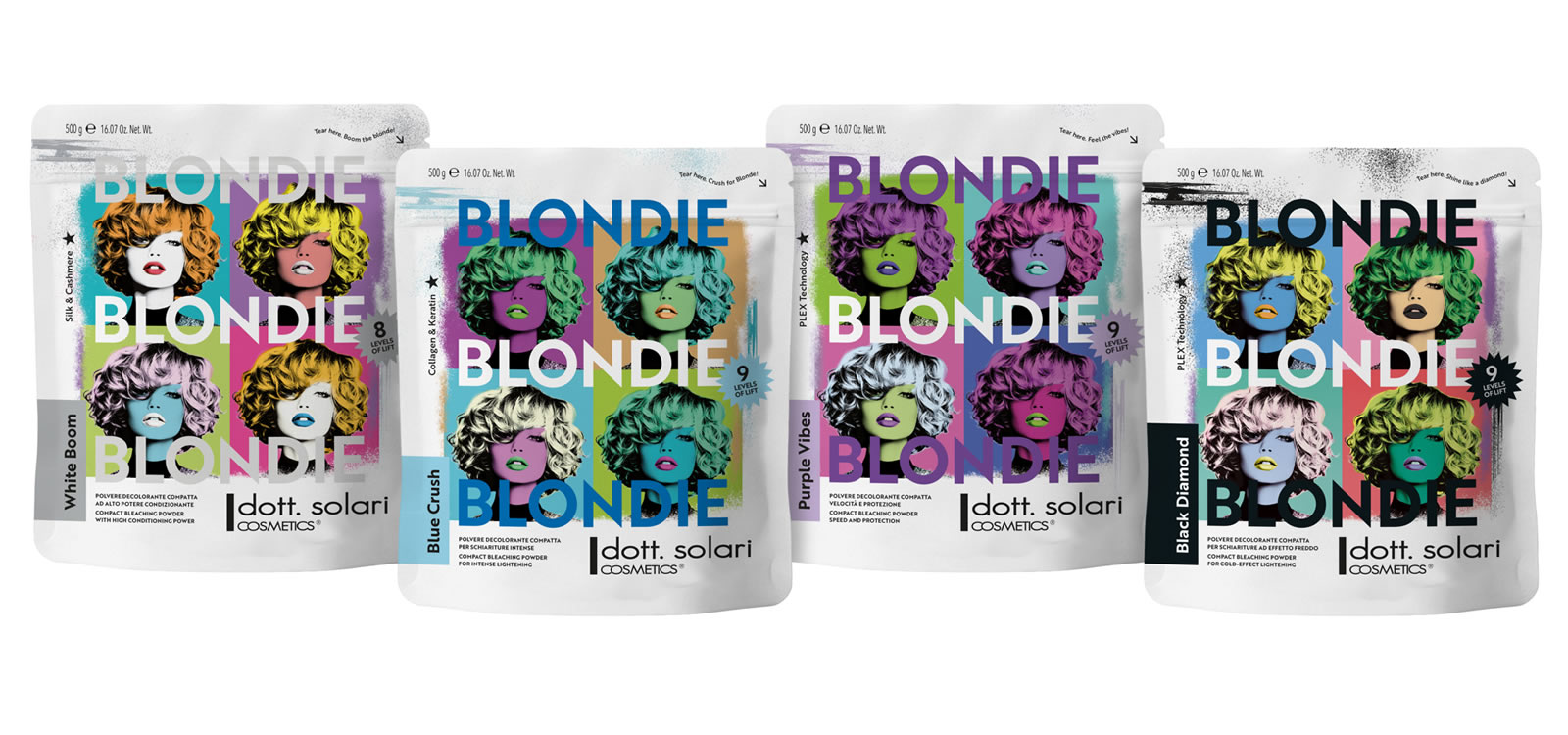 Quattro confezioni di polvere decolorante Dott. Solari Blondie allineate, ciascuna caratterizzata da una griglia pop art con volti colorati.