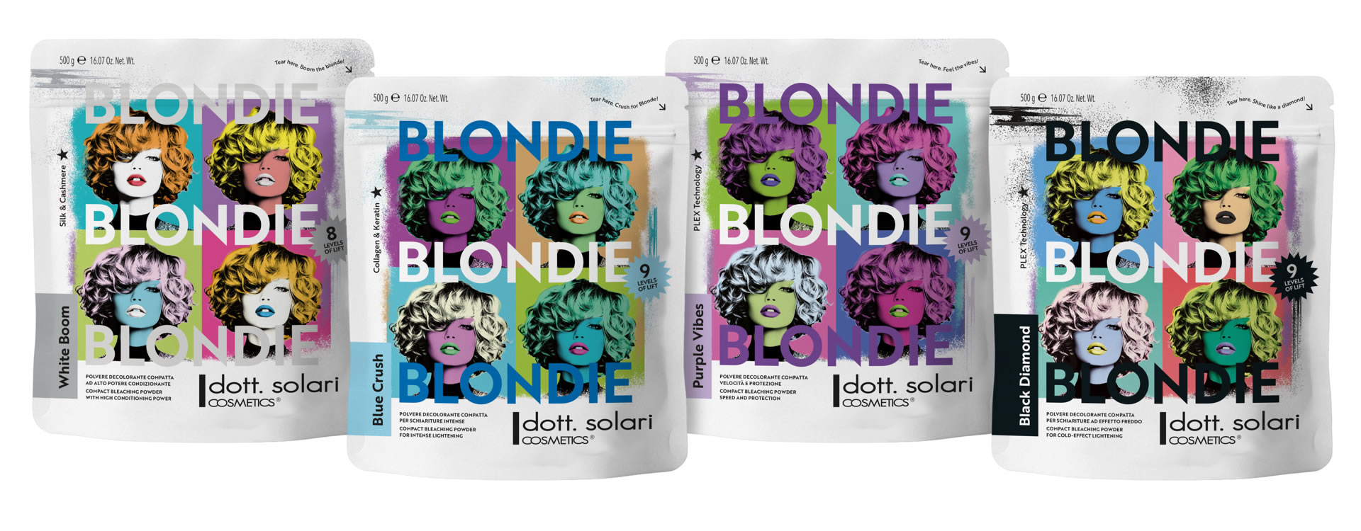 Quattro buste di polvere decolorante Dott. Solari Blondie disposte in fila, ognuna decorata con una grafica pop art di volti femminili multicolor.