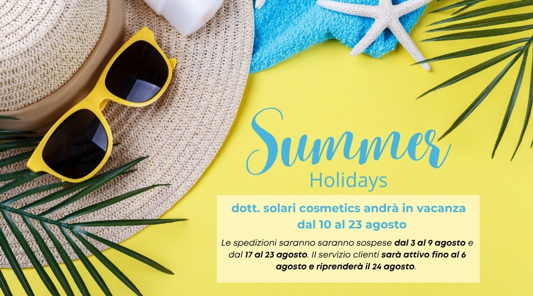 Cappello di paglia, occhiali da sole e stella marina su sfondo giallo con testo informativo sulla chiusura estiva di Dott. Solari Cosmetics.