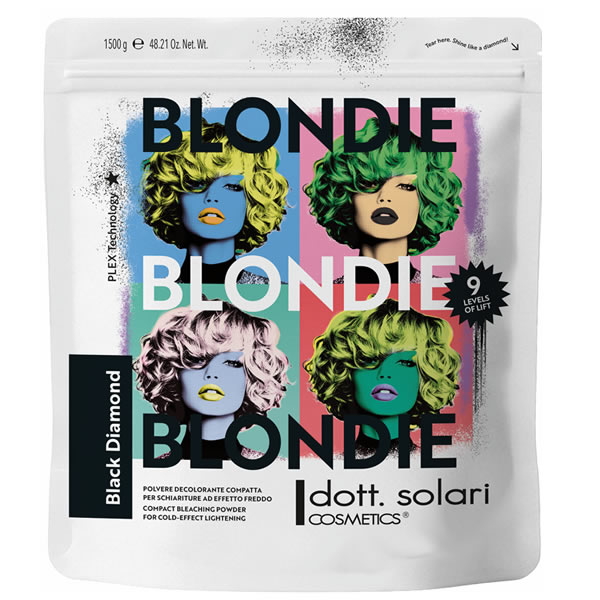 Busta da 1500g di polvere decolorante Dott. Solari Black Diamond Blondie con grafica pop art di volti femminili e scritta 9 levels of lift.