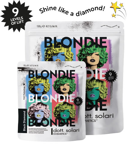 Due buste bianche di polvere decolorante Dott. Solari Blondie Black Diamond con grafica pop art e la scritta Shine like a diamond!