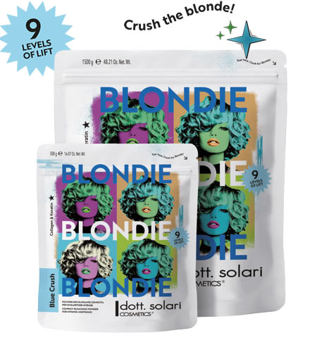 Due buste bianche di polvere decolorante Dott. Solari Blondie Blue Crush con grafica a griglia pop art e dicitura 9 LEVELS OF LIFT.