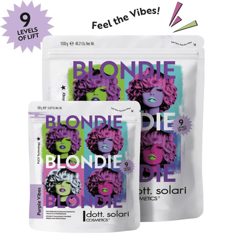 Due buste di polvere decolorante Dott. Solari Blondie Purple Vibes con grafica pop art a quadranti e le scritte 9 LEVELS OF LIFT e Feel the Vibes!