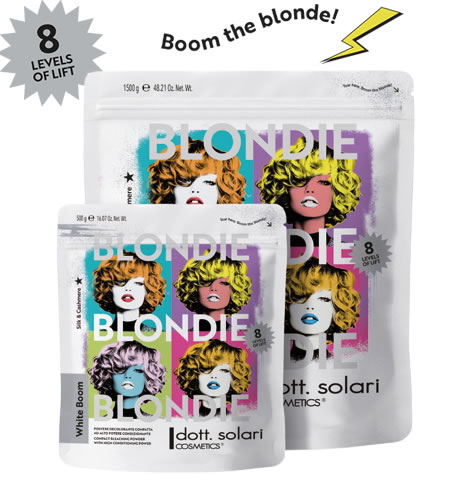 Due buste bianche di polvere decolorante Dott. Solari Blondie con grafica pop art e la scritta Boom the blonde accanto a un fulmine giallo.