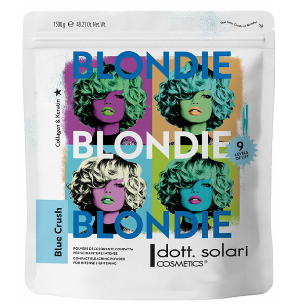 dott-solari-blue-crush-1500g Busta da 1500g di polvere decolorante compatta Dott. Solari Blondie Blue Crush con grafica in stile pop art colorata.