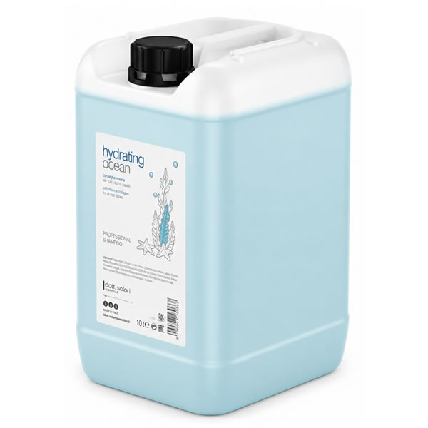 Tanica da 10 litri di shampoo professionale Dott. Solari Hydrating Ocean con liquido azzurro e tappo nero.