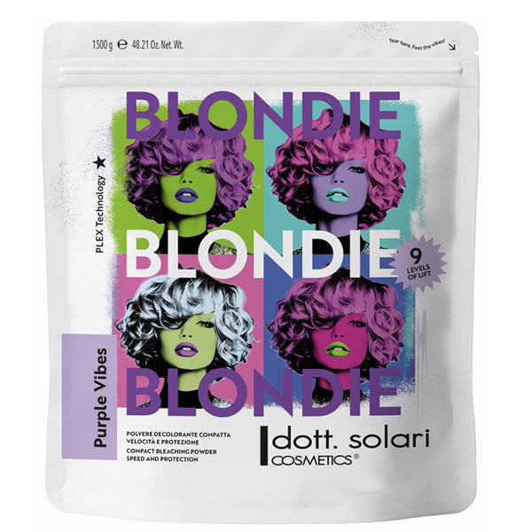 Busta da 1500g di polvere decolorante compatta Dott. Solari Blondie Purple Vibes con grafica pop art di volti femminili colorati.