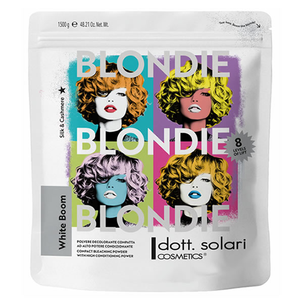Busta da 1500g di polvere decolorante Dott. Solari Blondie White Boom con grafica pop art colorata e indicazione di 8 livelli di schiaritura.