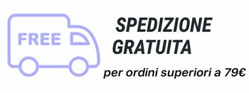 Icona di un furgone viola con la scritta FREE accanto al testo SPEDIZIONE GRATUITA per ordini superiori a 79€.