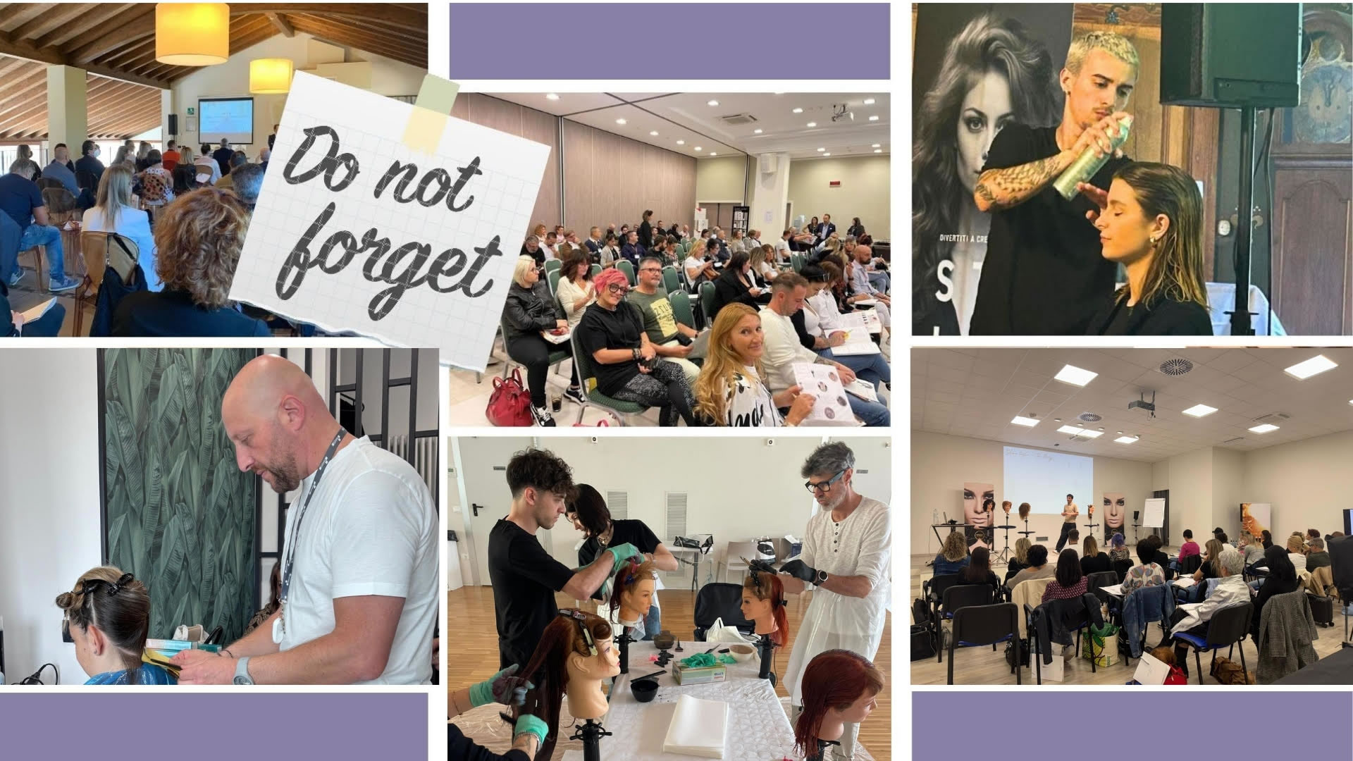 Collage di formazione per parrucchieri: folla in sala con cartello Do not forget, dimostrazione di taglio con rasoi e modelle, aula con proiezione.