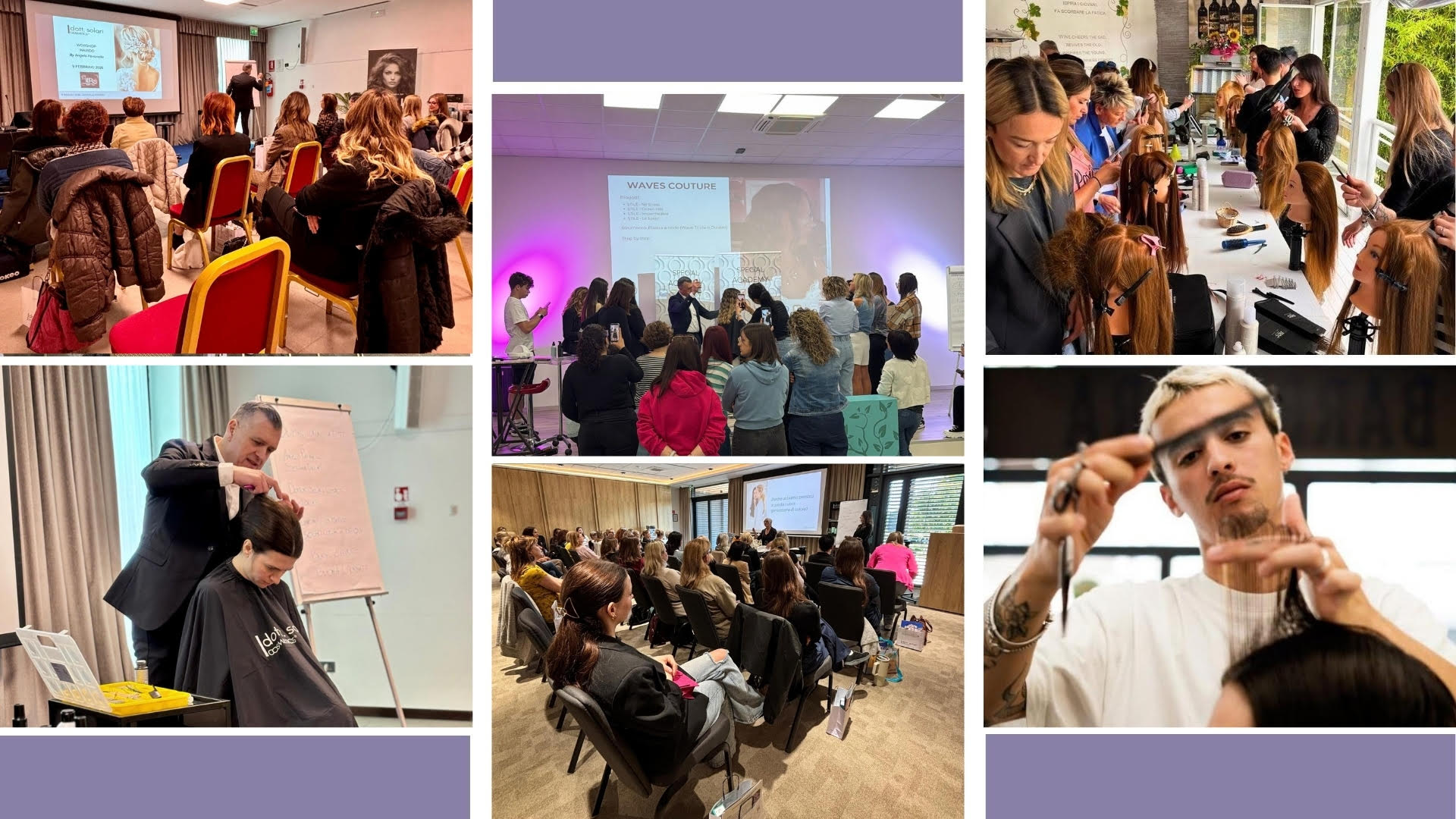 Collage di formazione per parrucchieri: presentazioni in aula, dimostrazioni pratiche e taglio capelli in salone.