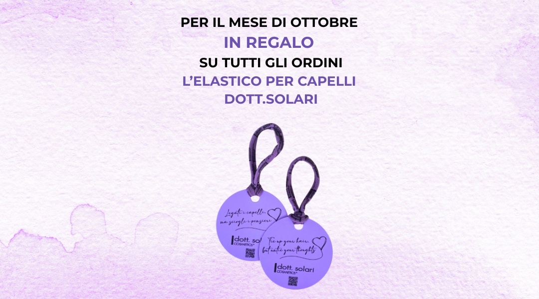 Due portachiavi elastici per capelli viola con logo Dott. Solari su sfondo lilla, promozione ottobre