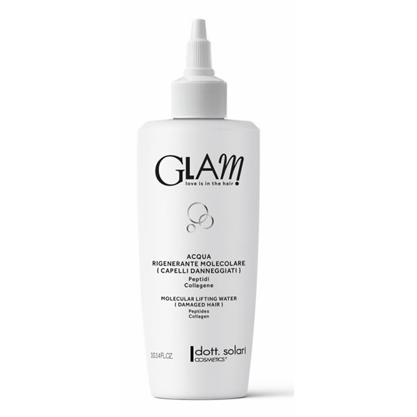 Flacone bianco di Acqua Rigenerante Molecolare Glam 300 ml con tappo dosatore, logo Glam e scritta love is in the hair