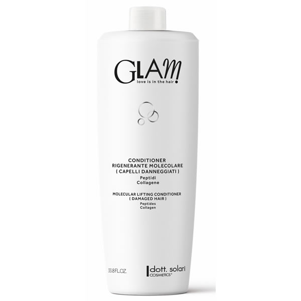 Flacone bianco da 1000 ml di conditioner rigenerante molecolare Glam con peptidi e collagene per capelli danneggiati