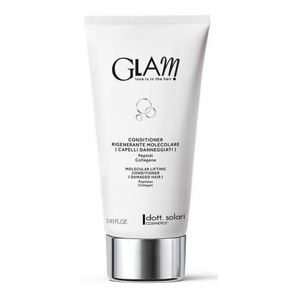 Tubo bianco di conditioner rigenerante molecolare GLAM con tappo argento, marca dott. solari, 175ml per capelli danneggiati.