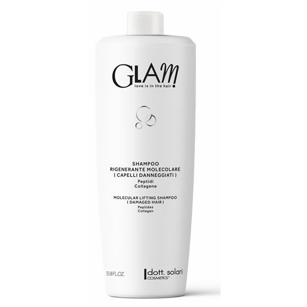 Flacone bianco da 1000 ml di shampoo rigenerante molecolare GLAM di dott. solari con peptidi e collagene per capelli danneggiati.