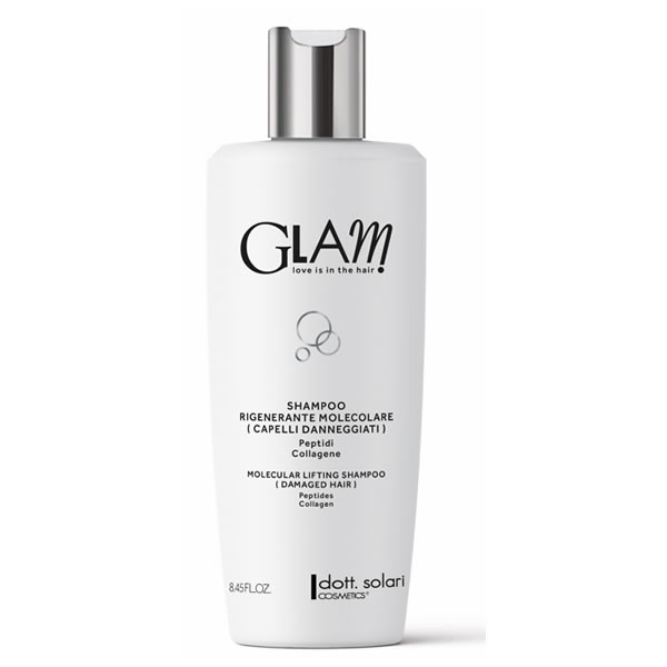Flacone bianco di shampoo GLAM Rigenerante Molecolare 250 ml di dott. solari con tappo argento, peptidi e collagene per capelli danneggiati