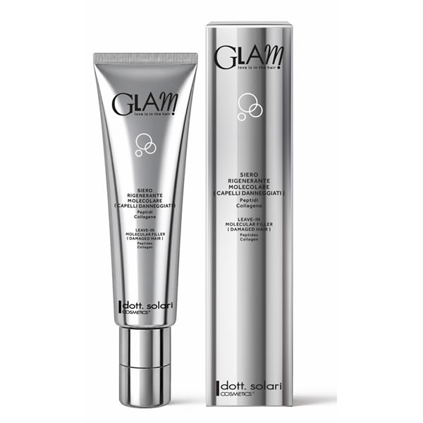 Tubo e scatola argento Glam Siero Rigenerante Molecolare con marchio dott. solari cosmetics