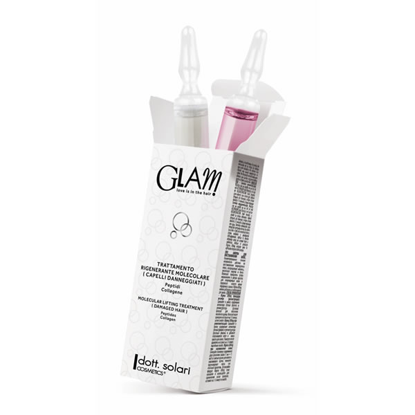 Confezione Glam Trattamento Rigenerante Molecolare con due fiale, una bianca e una rosa, su sfondo bianco.