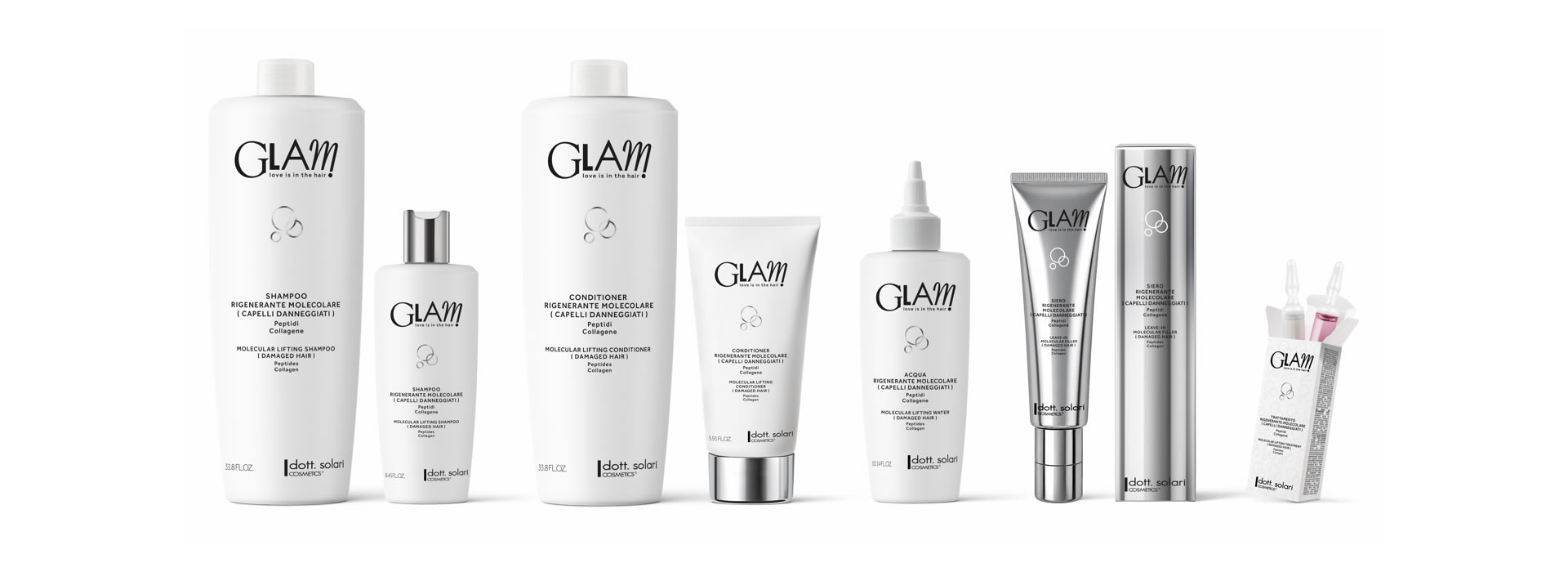 Linea di prodotti Glam rigenerante molecolare con flaconi bianchi e argento su sfondo bianco