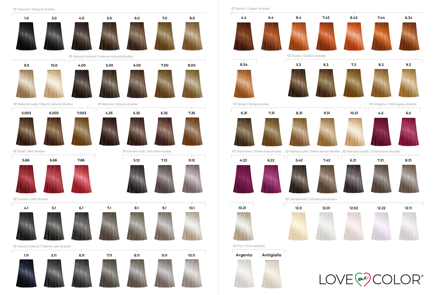 Tabella delle 75 nuances Love Me Color con ciocche di capelli ordinate per famiglie cromatiche: naturali, rame, dorate, beige, mogano, rosse, cenere, bionde, viola, argento e antigiallo.