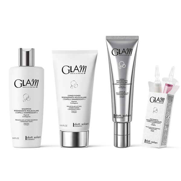 Quattro prodotti GLAM di Beautycology su sfondo bianco: shampoo rigenerante bianco, balsamo, maschera argento e fiale con contagocce.
