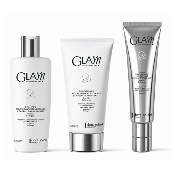 Tre prodotti Glam by dott. Solari su fondo bianco: shampoo rigenerante, conditioner volumizzante e crema intensiva idratante.