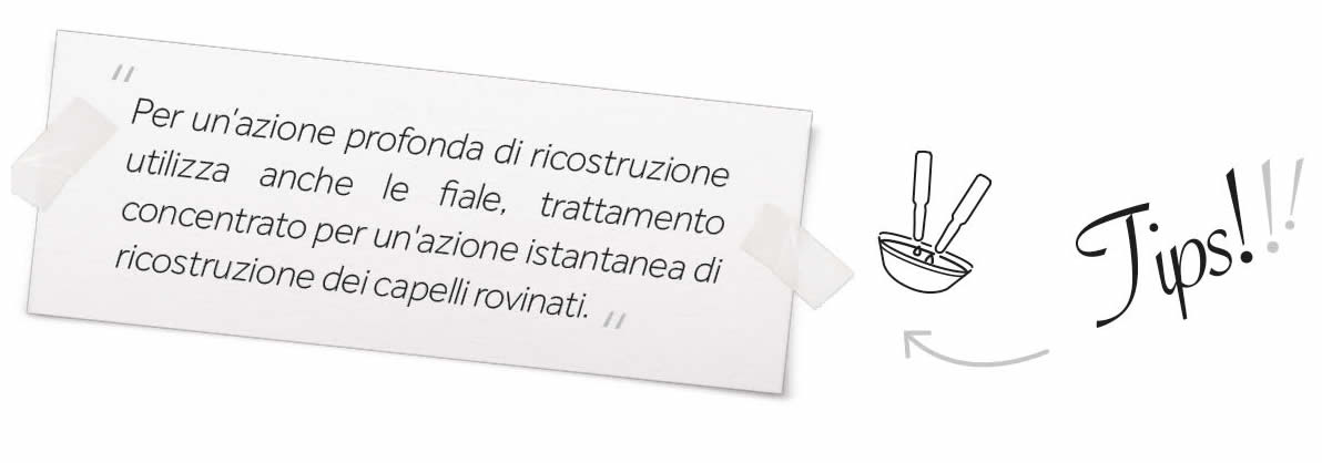 Foglio bianco con testo su fiale e concentrato per capelli rovinati, illustrazione di becher e freccia verso la scritta Tips!!